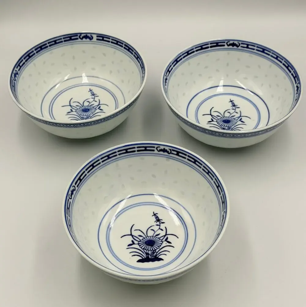 Tienshan Chinese Rice Grain Coupe Soup Bowls Blue & White Chrysanthemum 3pc Set